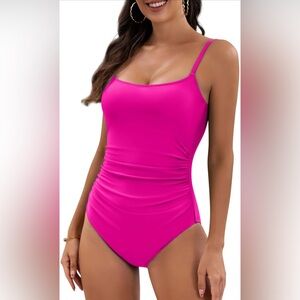 NWT Eomenie Women's Small Ruched One Piece Swimsuit Spaghetti Strap Bright Pink‎